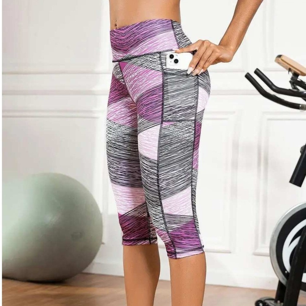 Women's M Pink & Black Abstract Print High Waist Cropped Workout Leggings Athle